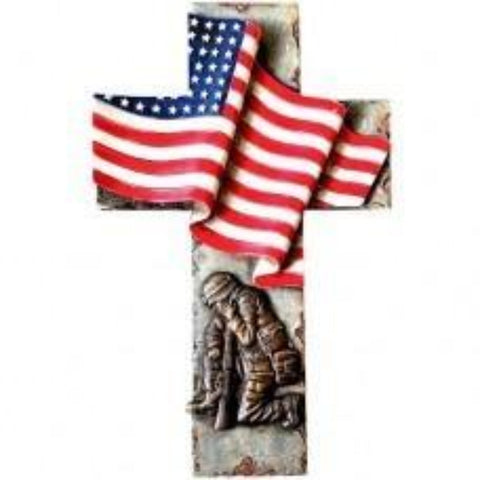 US Flag Cross with Praying Soldier